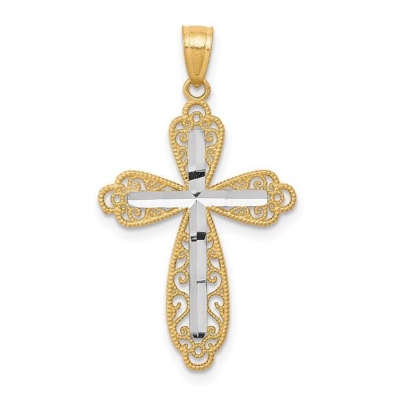 10K Yellow Gold w/ Rhodium Diamond-Cut Cross Pendant